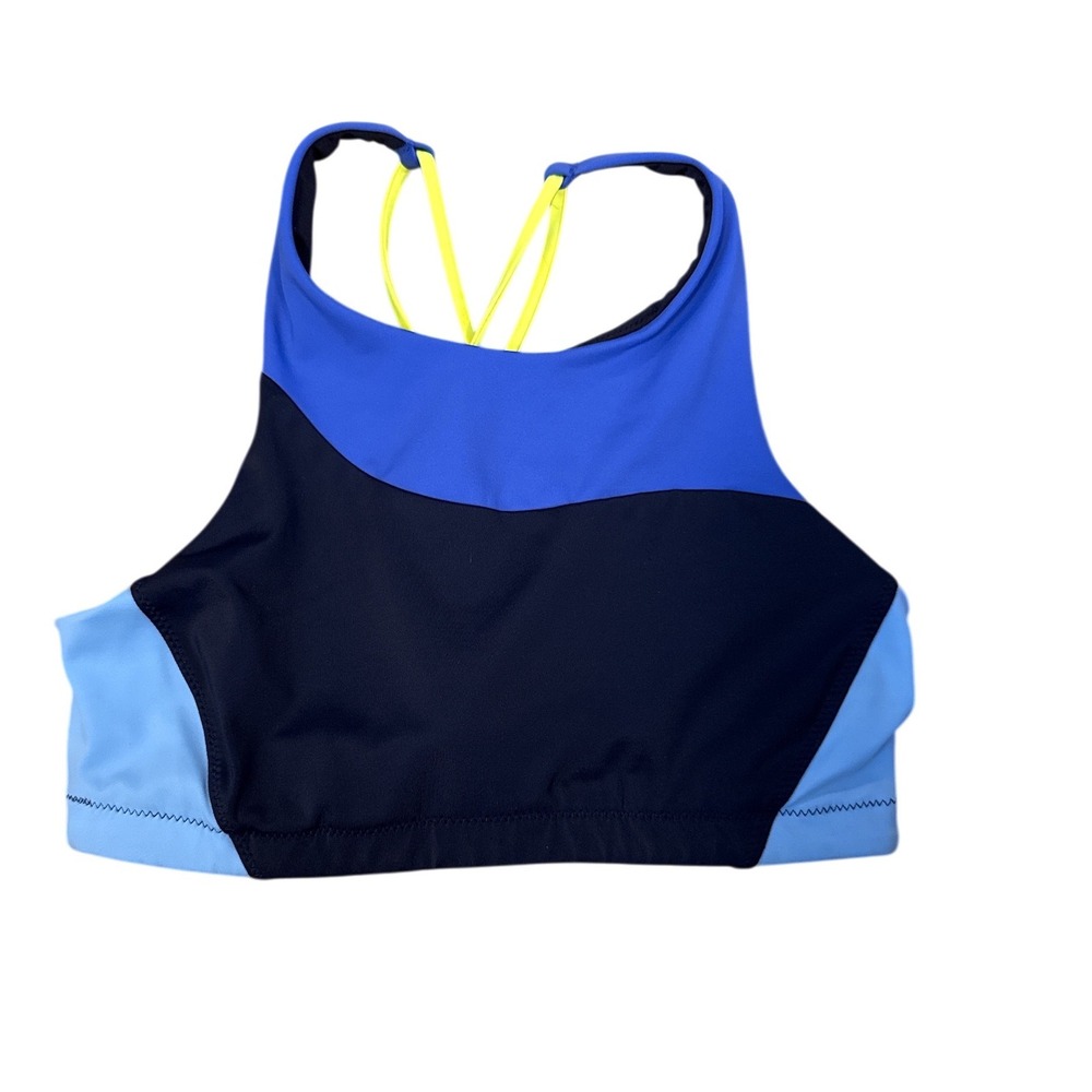 Athleta Sports Bra Women XS Blue Black Strappy High Neck‎ Colorblock